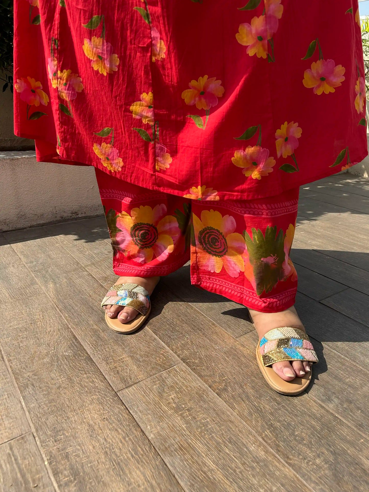 Red Floral A-line Plus Size Cotton Suit Set