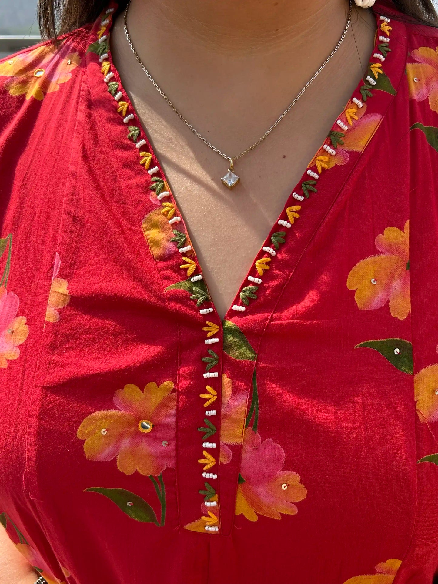 Red Floral A-line Plus Size Cotton Suit Set