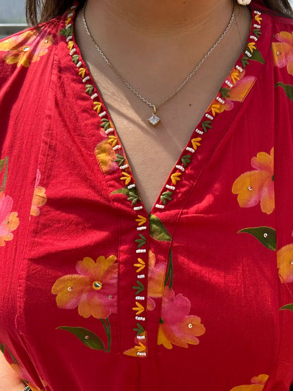 Red Floral A-line Plus Size Cotton Suit Set