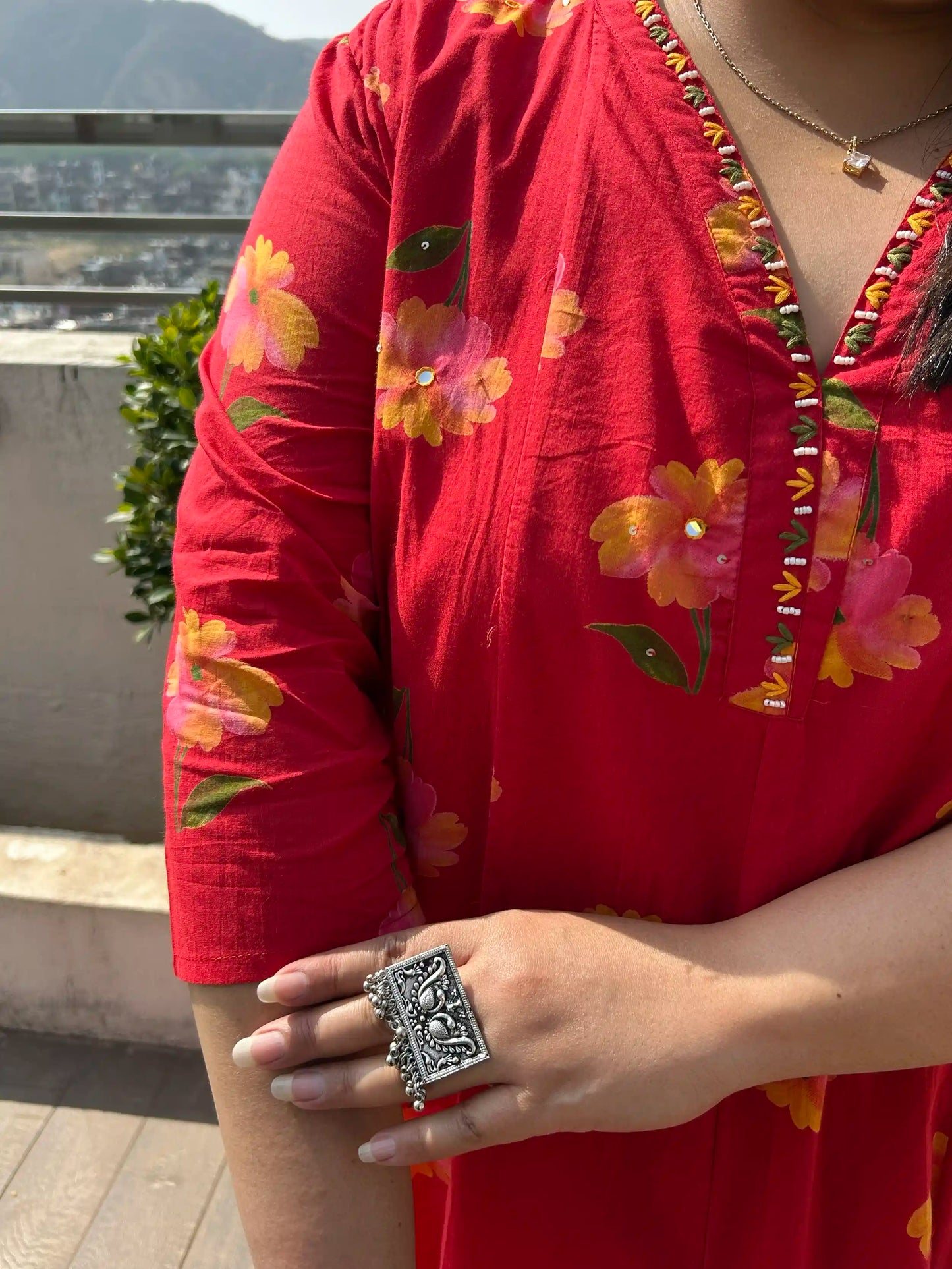 Red Floral A-line Plus Size Cotton Suit Set