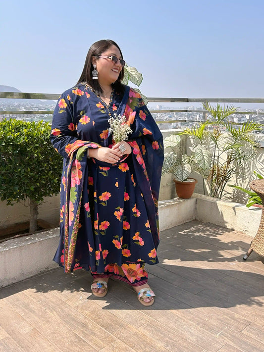 Blue Floral A-line Plus Size Cotton Suit Set