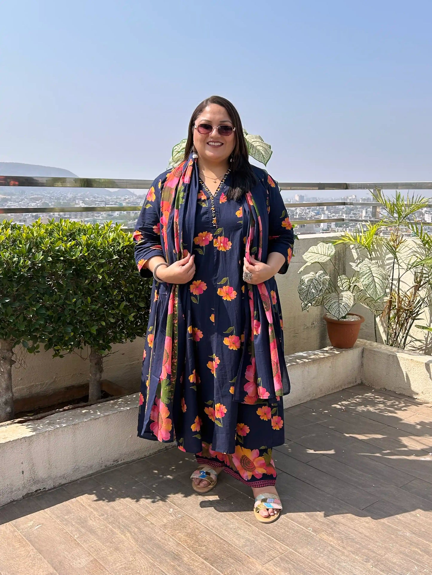 Blue Floral A-line Plus Size Cotton Suit Set