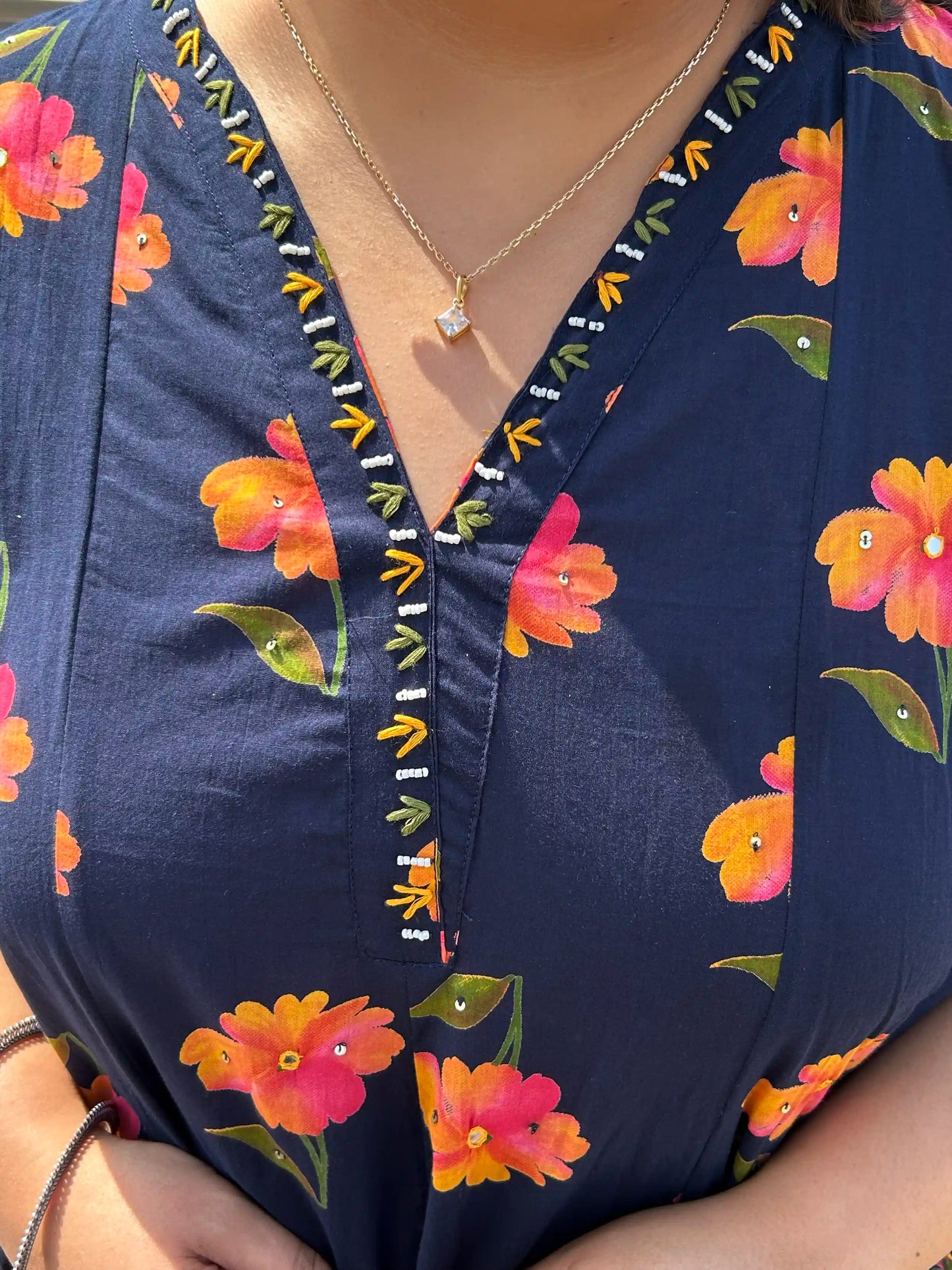 Blue Floral A-line Plus Size Cotton Suit Set