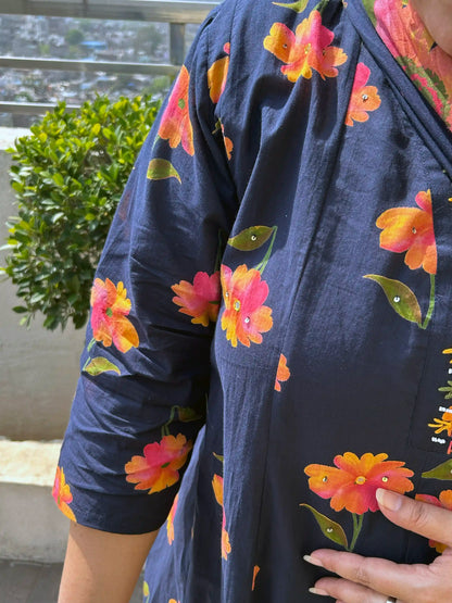 Blue Floral A-line Plus Size Cotton Suit Set