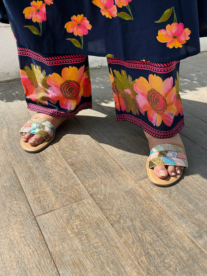 Blue Floral A-line Plus Size Cotton Suit Set