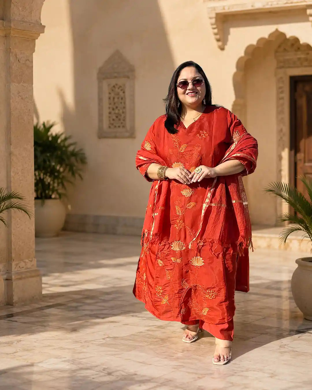Premika- Rust Floral A-line Plus Size Suit Set