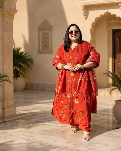 Premika- Rust Floral A-line Plus Size Suit Set