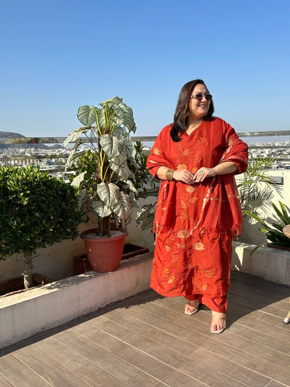 Premika- Rust Floral A-line Plus Size Suit Set