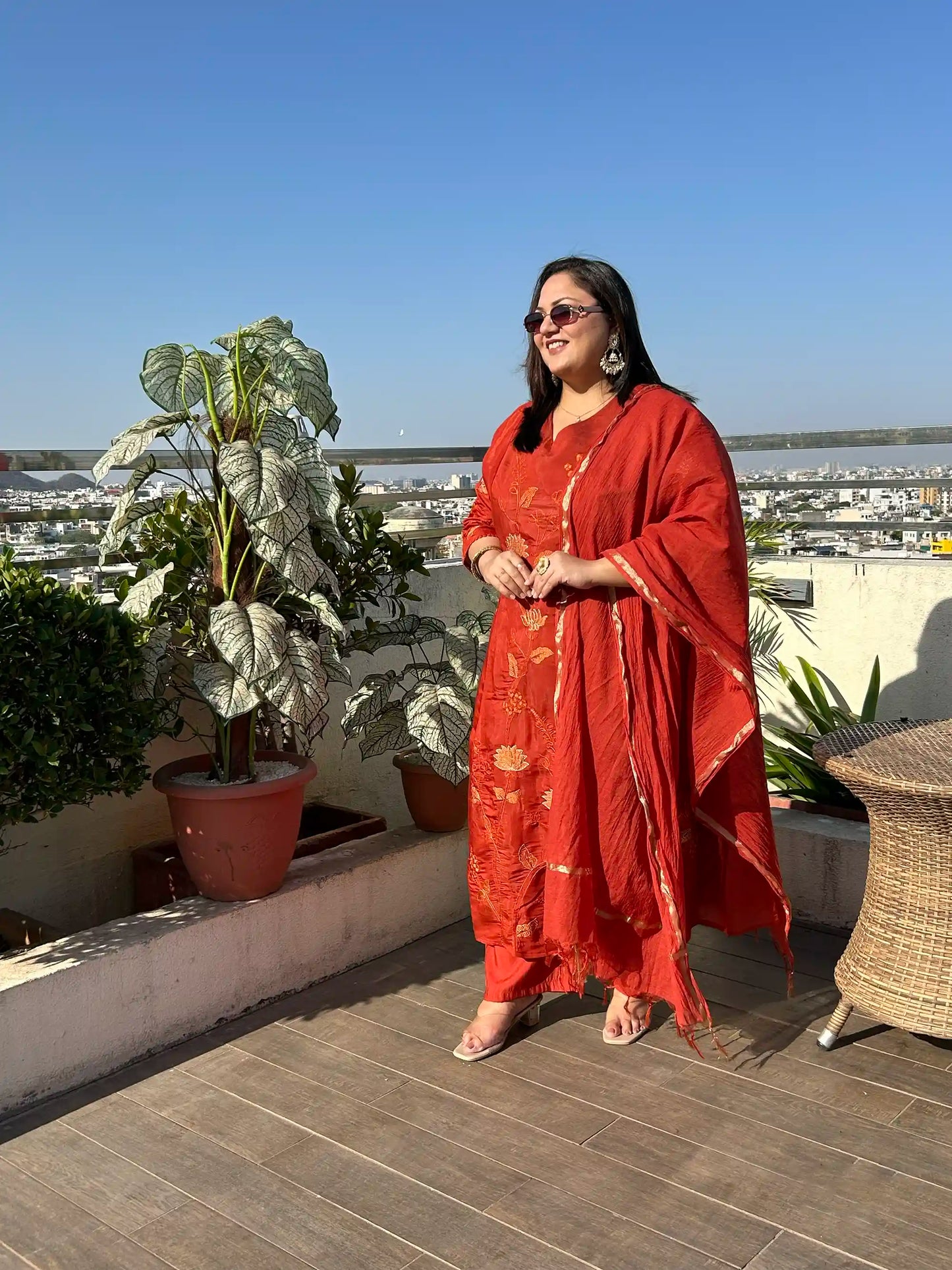 Premika- Rust Floral A-line Plus Size Suit Set