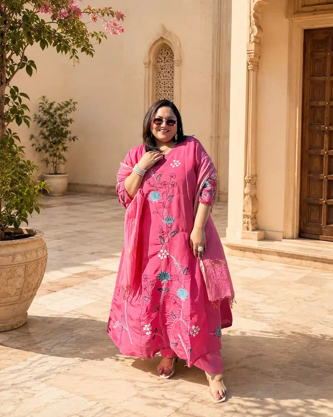 Premika- Pink Floral A-line Plus Size Suit Set