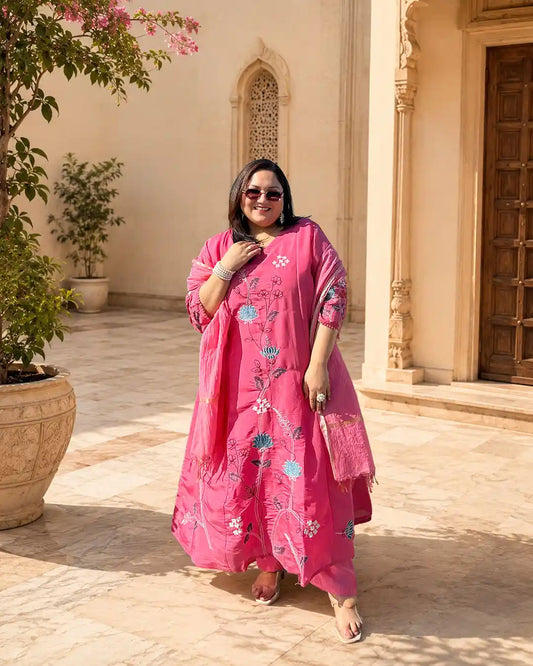 Premika- Pink Floral A-line Plus Size Suit Set