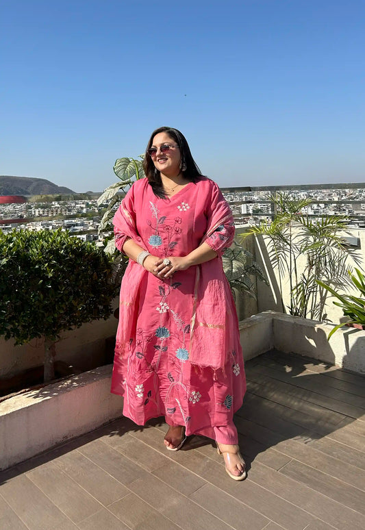 Premika- Pink Floral A-line Plus Size Suit Set