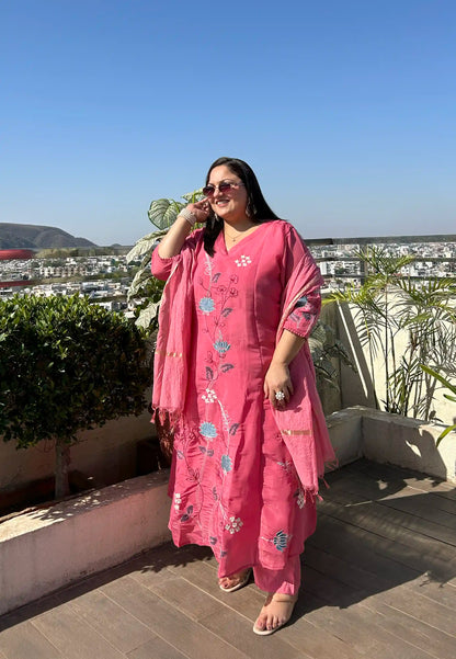 Premika- Pink Floral A-line Plus Size Suit Set