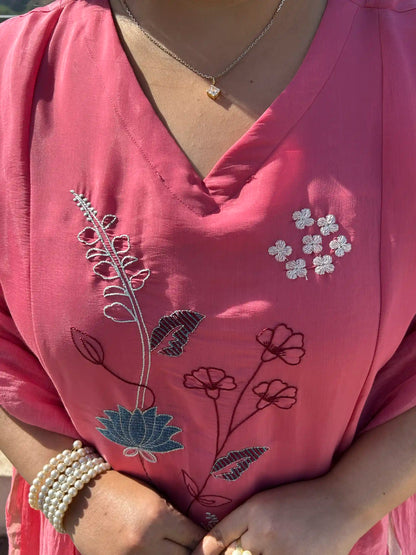 Premika- Pink Floral A-line Plus Size Suit Set