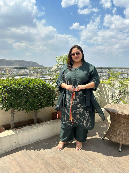 Dark Green Embroidered Plus Size Cotton Suit Set