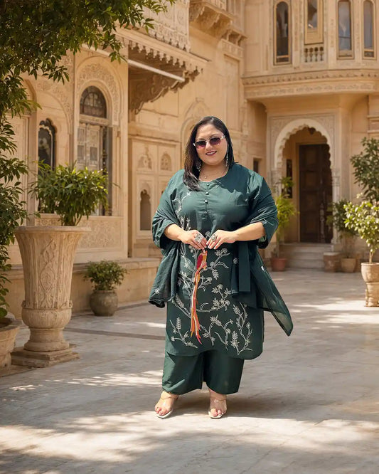 Dark Green Embroidered Plus Size Cotton Suit Set