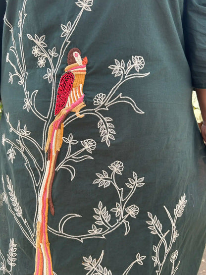 Dark Green Embroidered Plus Size Cotton Suit Set