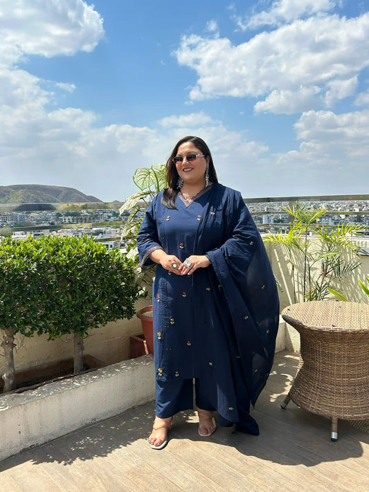 Dark Blue Embroidered Plus Size Cotton Suit Set