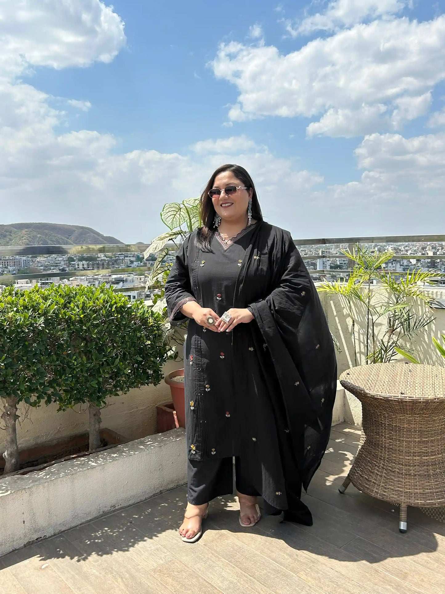Black Embroidered Plus Size Cotton Suit Set
