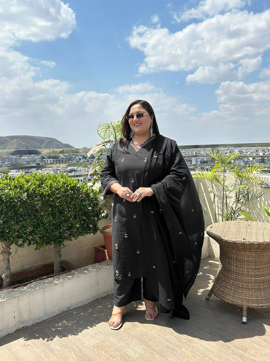 Black Embroidered Plus Size Cotton Suit Set