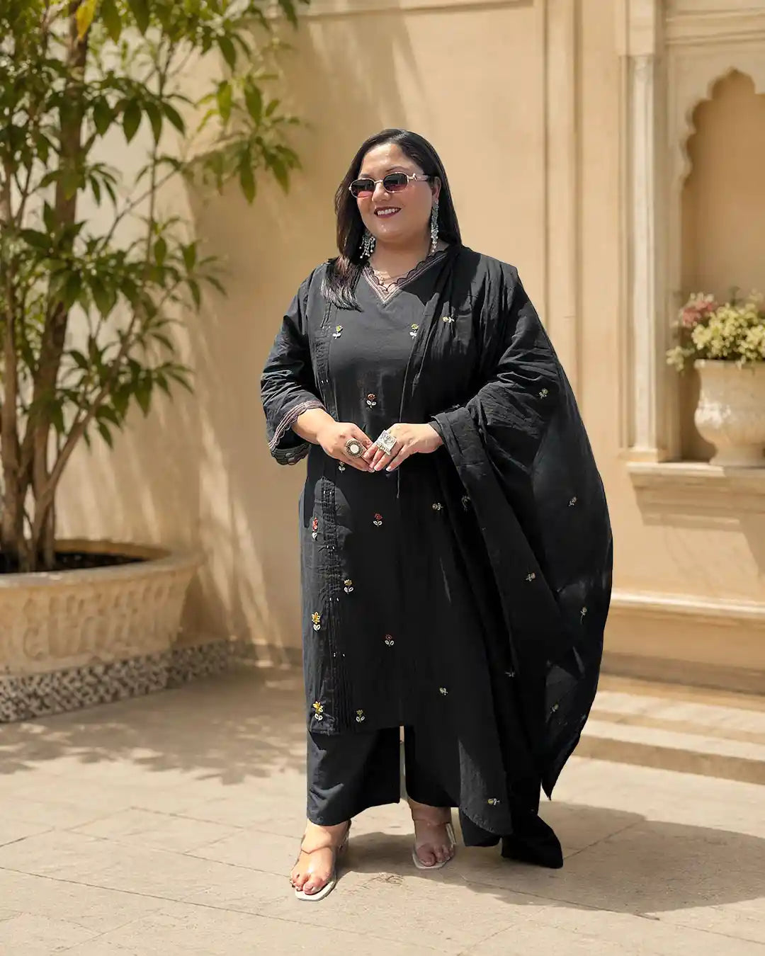 Black Embroidered Plus Size Cotton Suit Set