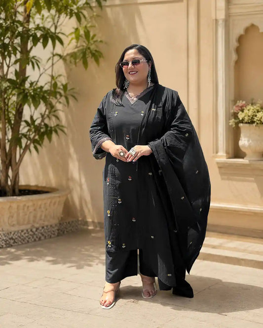 Black Embroidered Plus Size Cotton Suit Set