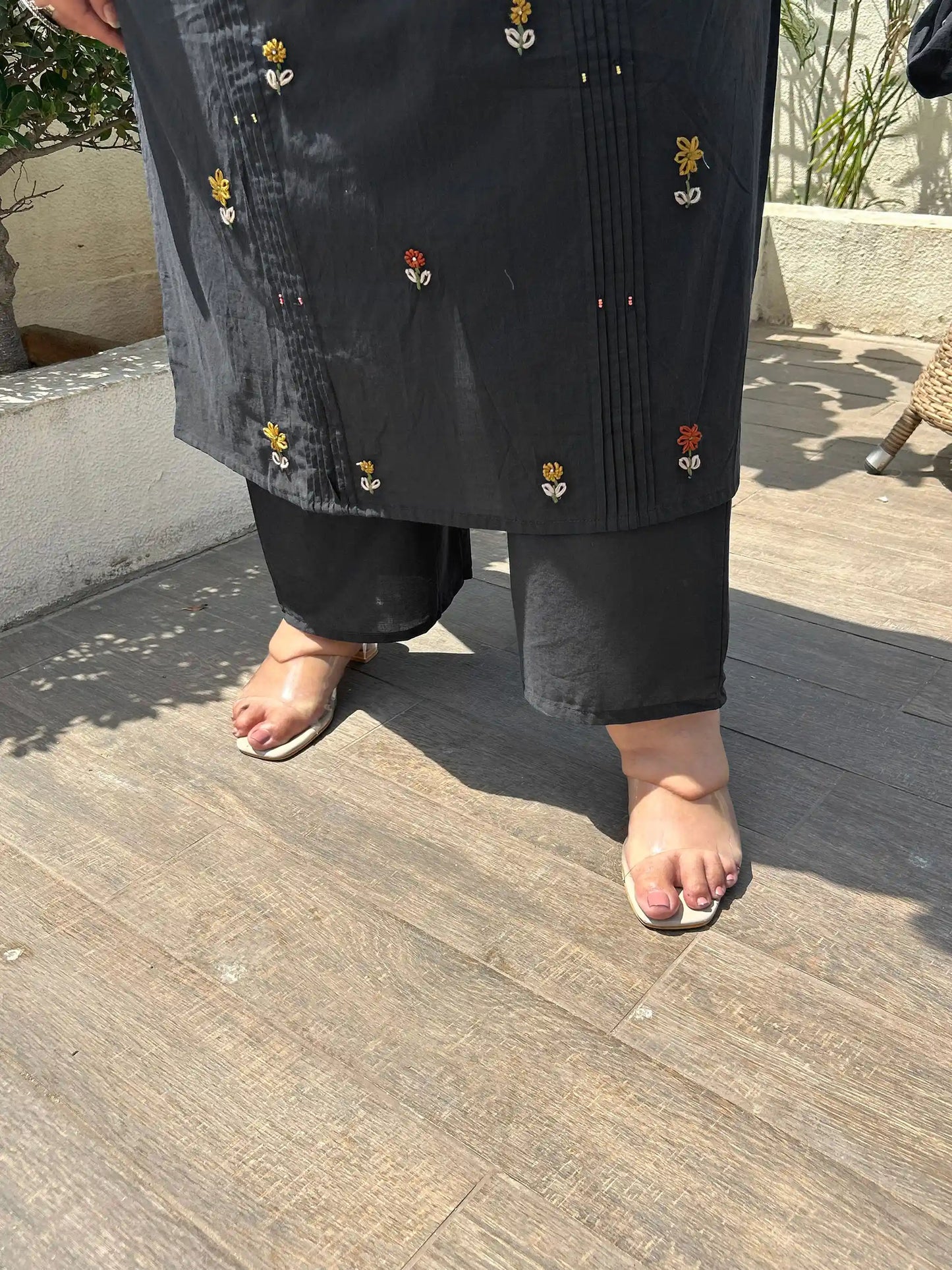 Black Embroidered Plus Size Cotton Suit Set