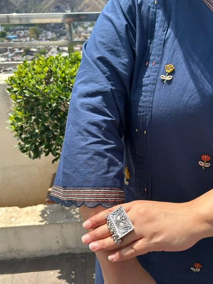 Dark Blue Embroidered Plus Size Cotton Suit Set