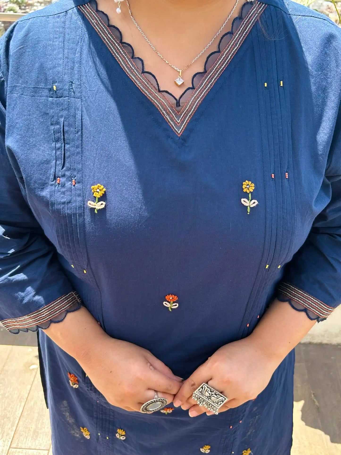 Dark Blue Embroidered Plus Size Cotton Suit Set