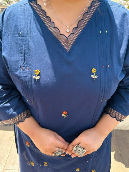 Dark Blue Embroidered Plus Size Cotton Suit Set
