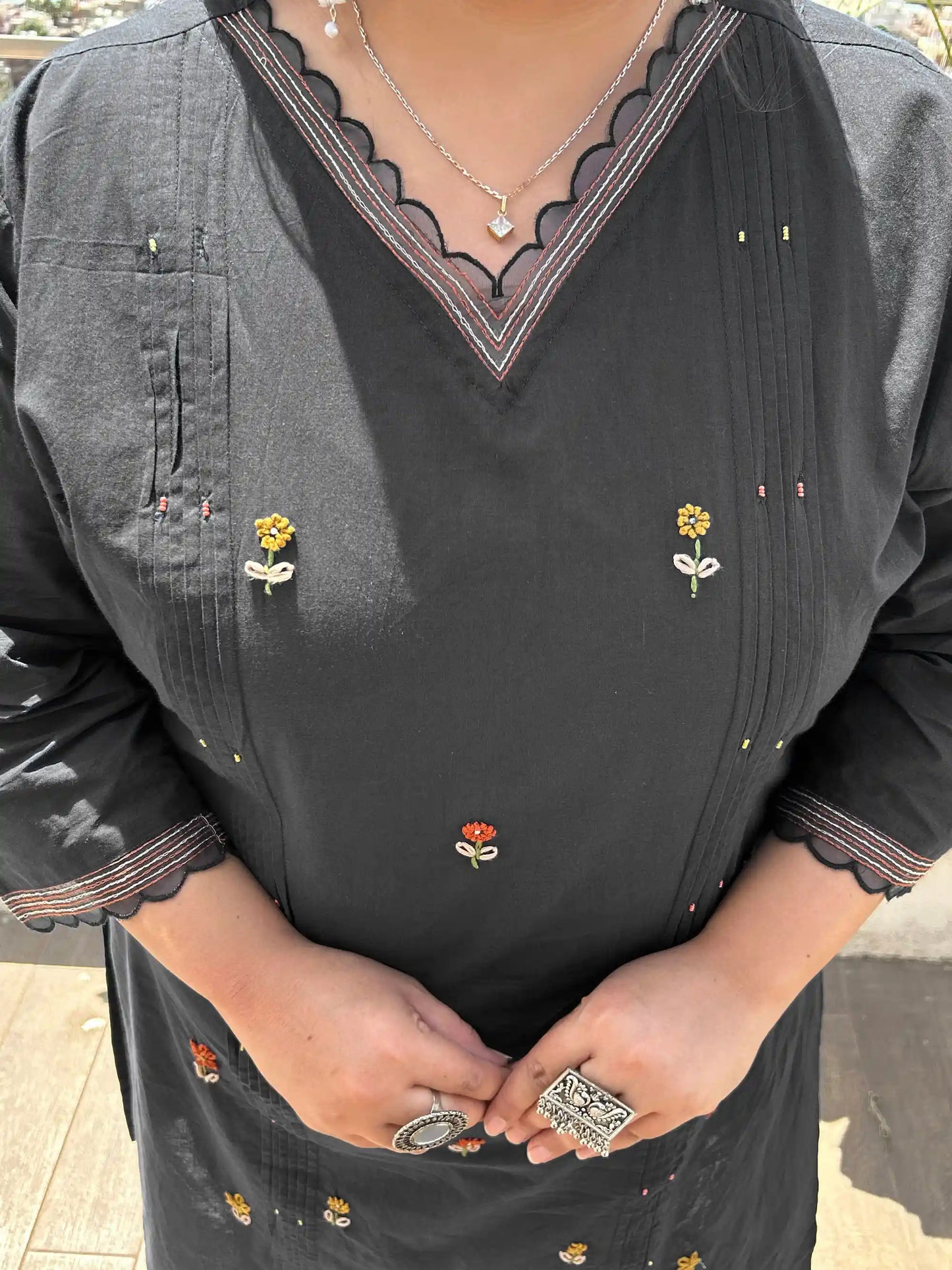 Black Embroidered Plus Size Cotton Suit Set