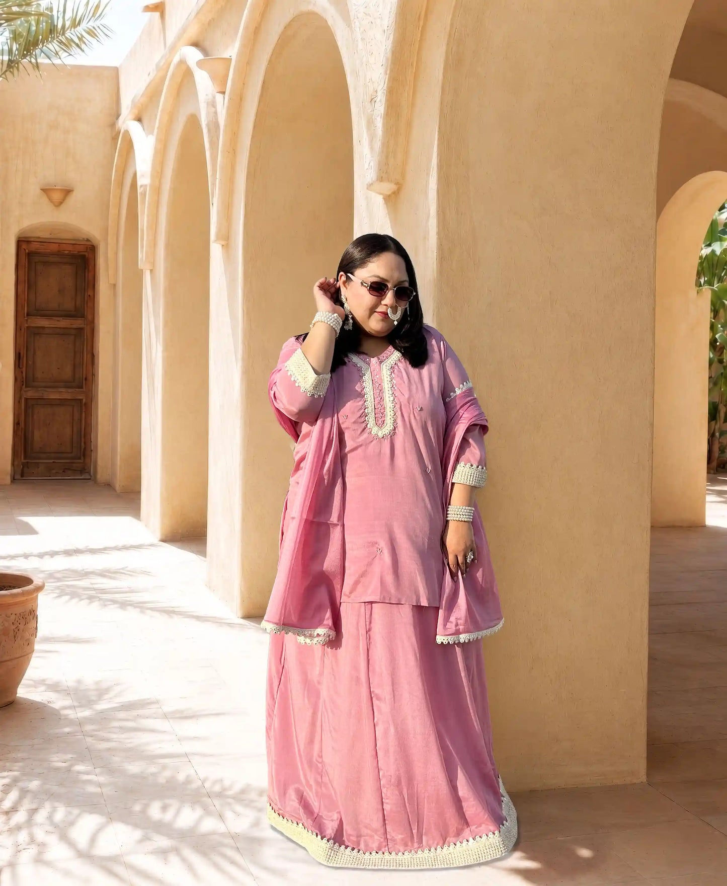 Sifat- Pink Lace Plus Size Skirt Set