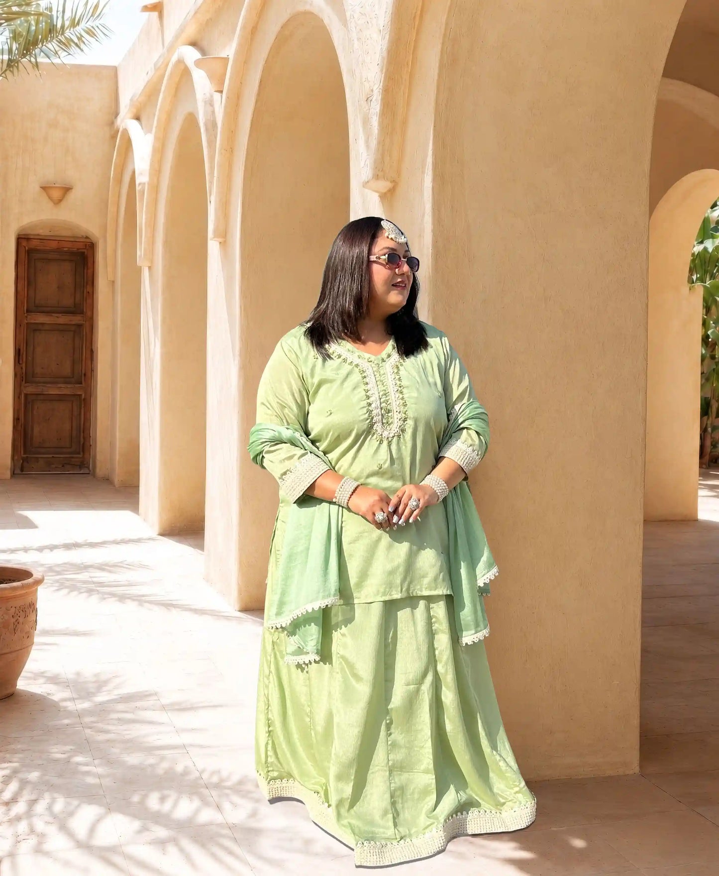 Nazneen- Green Lace Plus Size Skirt Set