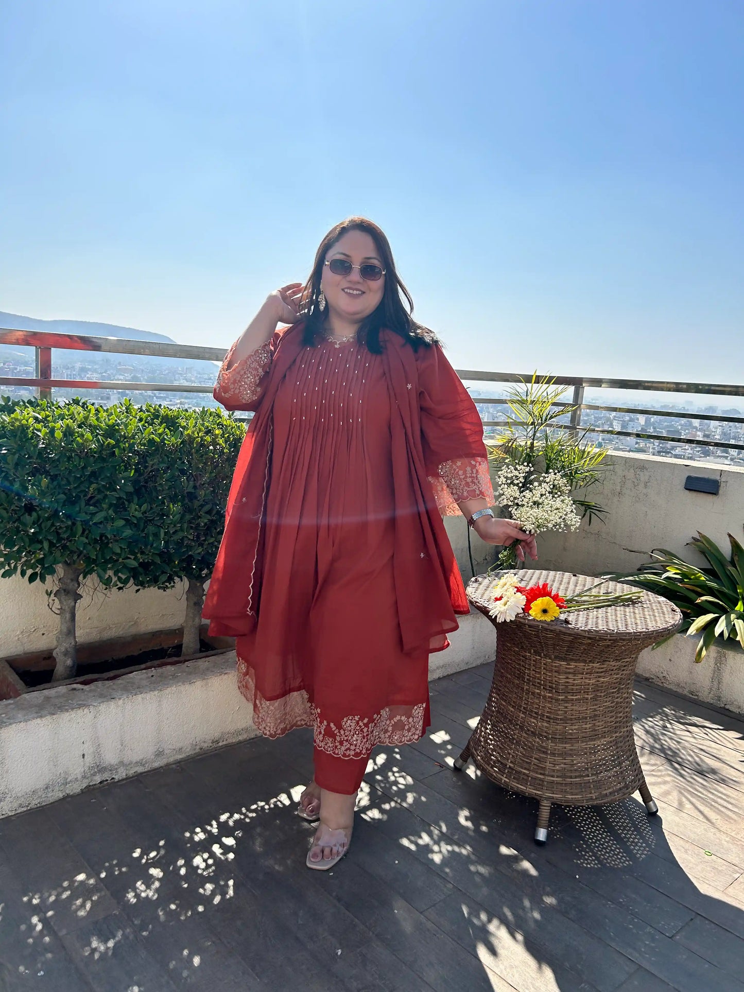 Alizeh Rust A-line Plus Size Suit Set