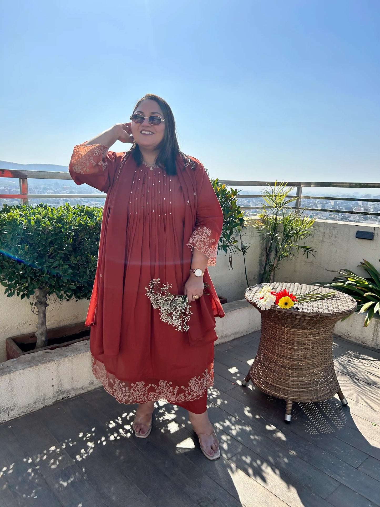 Alizeh Rust A-line Plus Size Suit Set