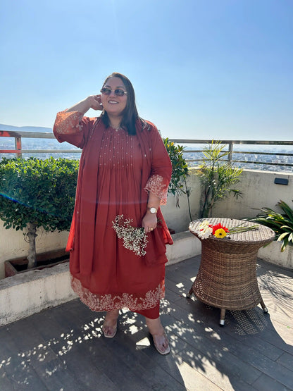 Alizeh Rust A-line Plus Size Suit Set