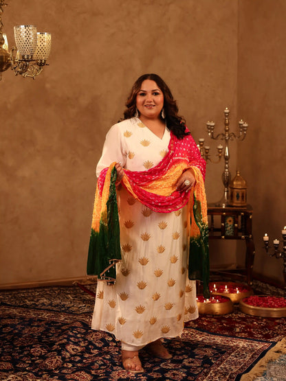 Mishthi White Floral Plus Size Suit Set