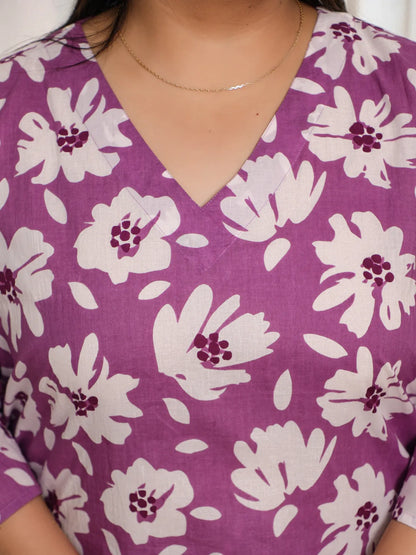 Tina- Purlple Floral Cotton Plus Size Co-ord