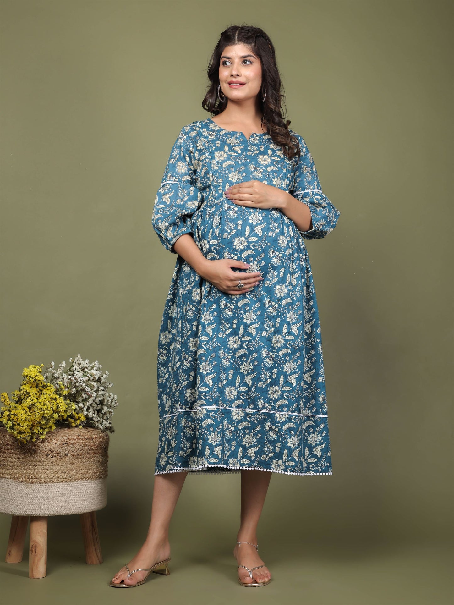 Teal Blue Printed Maternity Dress