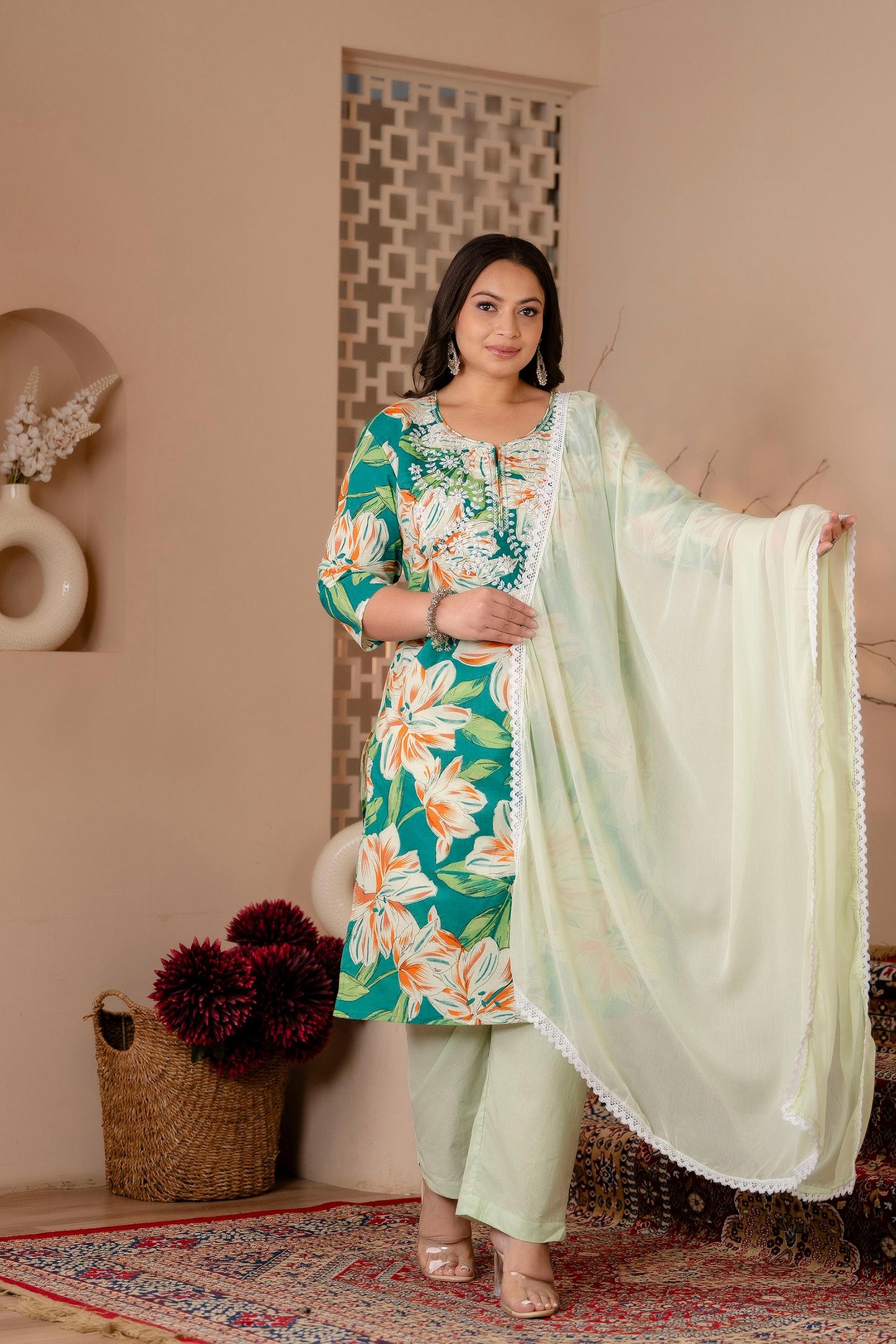 Green Embroidered Plus Suit