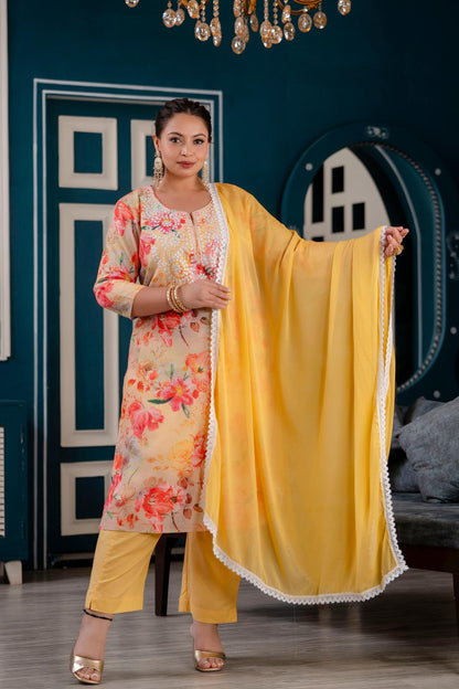 Yellow Embroidered Plus Suit