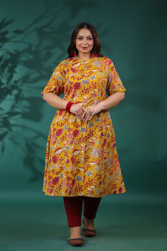 Mustard Red Floral Plus Cotton Kurti