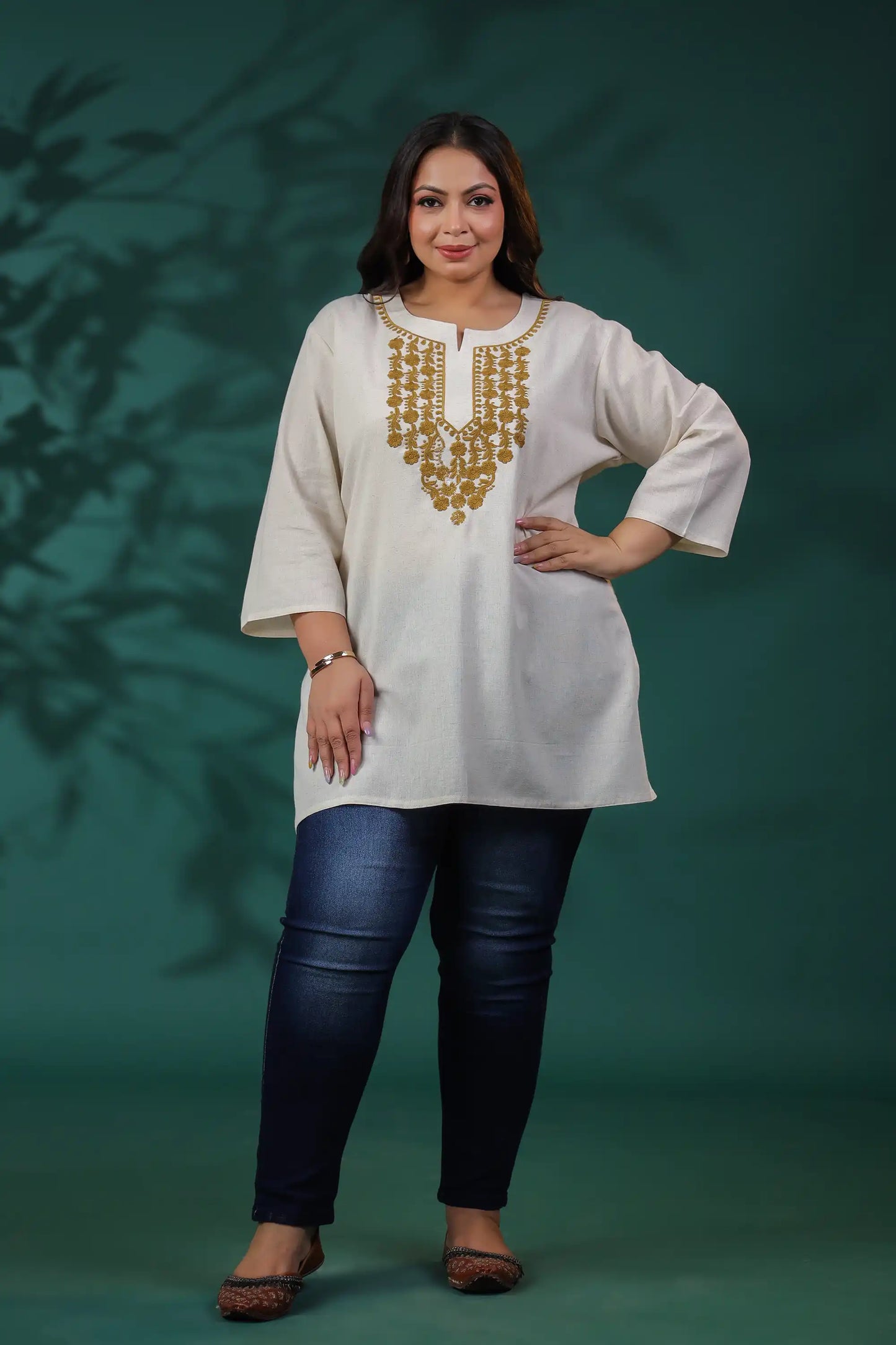 Off-white Embroidery Plus Size Short Kurti