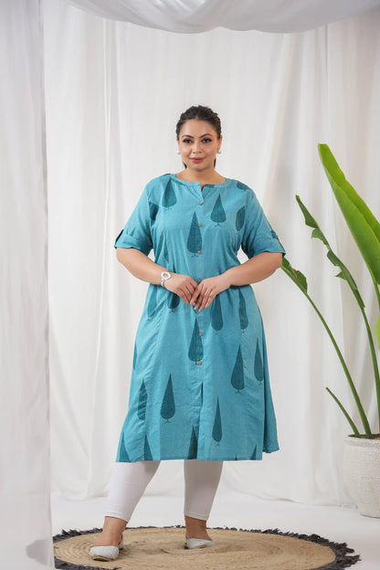 Blue Leaf Plus Cotton Kurti