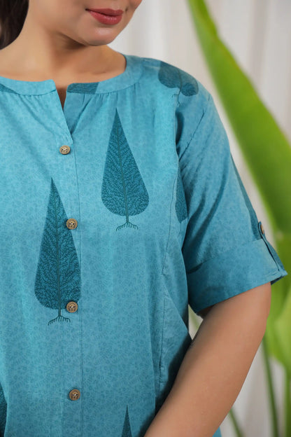 Blue Leaf Plus Cotton Kurti