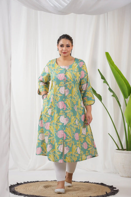 Green Pink Floral Plus Cotton Kurti