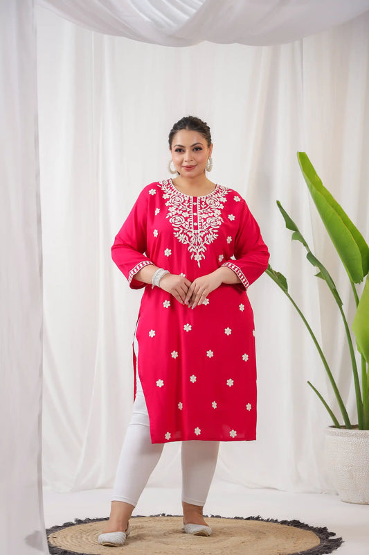 Rani Pink Embroidery Detailing Plus Cotton Kurti