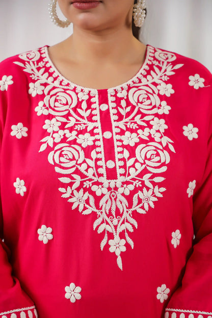 Rani Pink Embroidery Detailing Plus Cotton Kurti