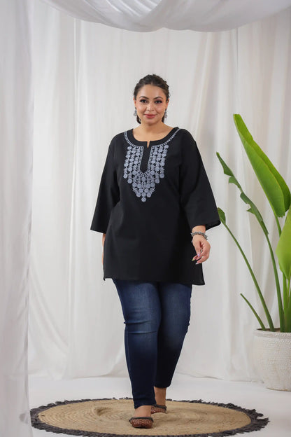 Black Embroidery Plus Size Short Kurti