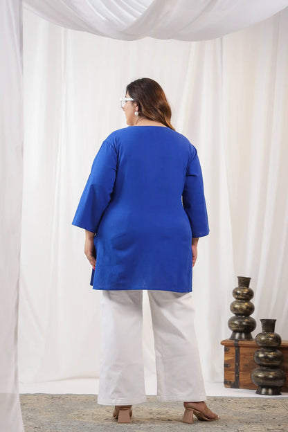 Blue Embroidery Plus Size Short Kurti